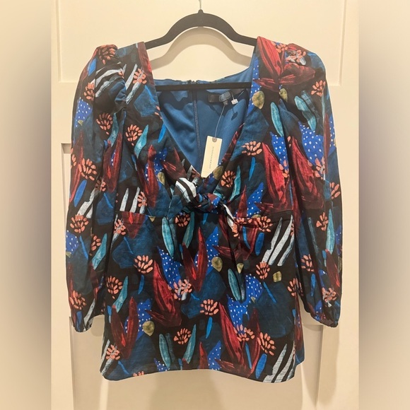 Anthropologie Eva Franco Blue Tropical Sweetheart Neck Blouse Puff Sleeve NWT 8 - Picture 4 of 4